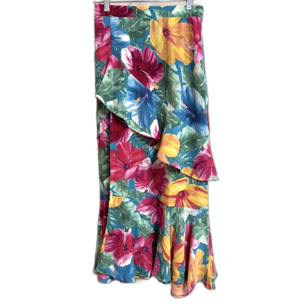 Show Me Your MuMu Tropical Hibiscus Maxi Skirt Tiered Ruffle Side Slit Resort S